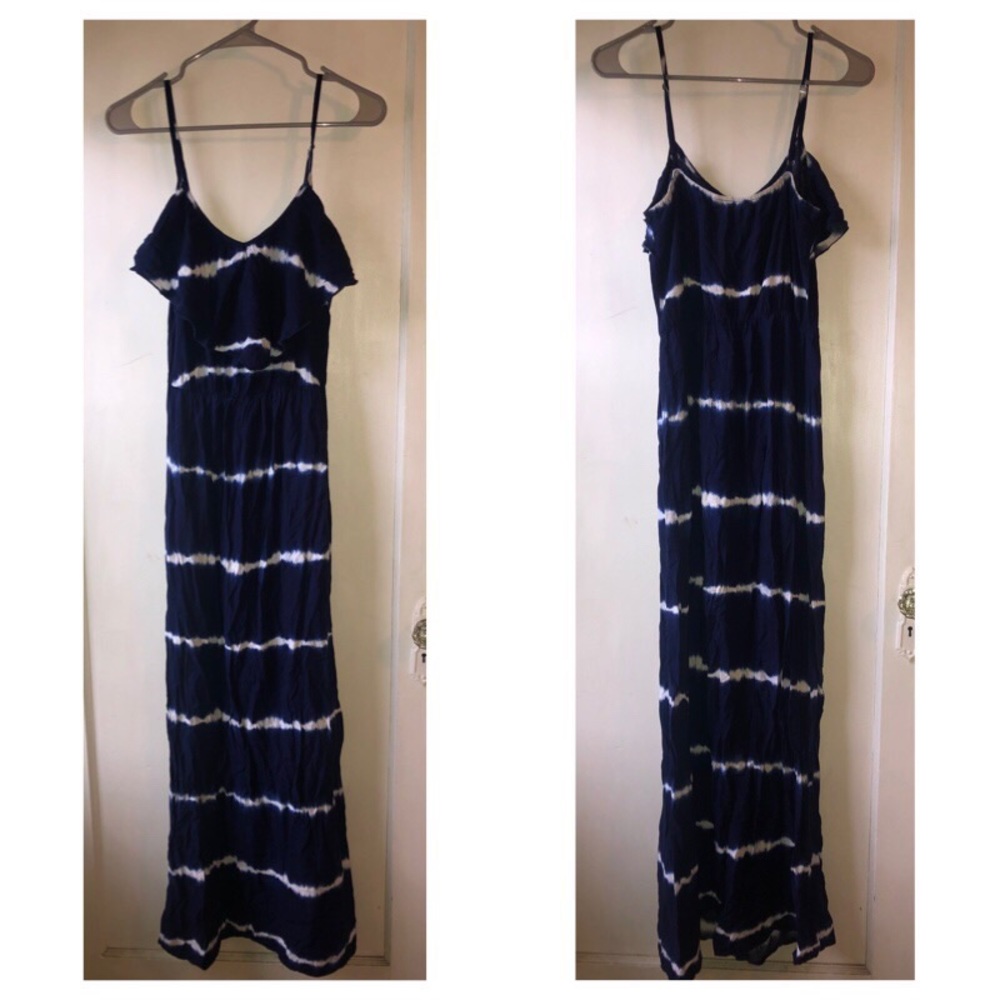 Long blue and white maxi dress.